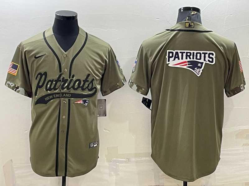 Mens New England Patriots Olive Salute to Service Team Big Logo Cool Base Stitched Baseball Jersey